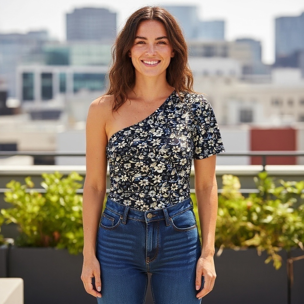 Free People Intimately Black White Floral Off Shoulder Floral Bodysuit.  SZ L